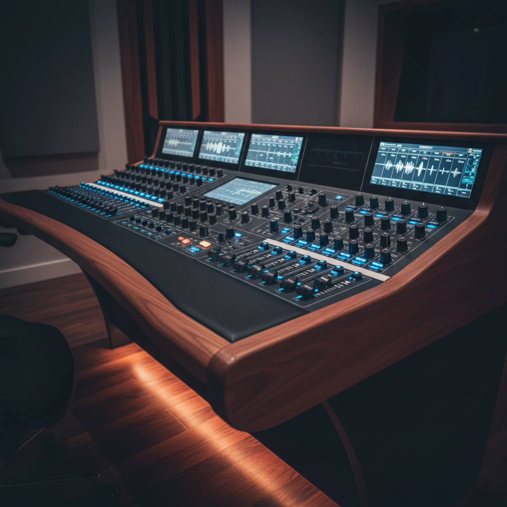 A photographic realism scene of a high-end audio control console dedicated to podcast production, with rows of illuminated faders, matte-black knobs, and tiny OLED screens displaying clean white waveforms against deep charcoal. The console is set into a dark, satin-finished wood desk that curves gently, hinting at bespoke craftsmanship. Subtle accent lighting glows from beneath the desk edge, creating a soft halo on the floor and reflecting softly on nearby acoustic panels. Overhead, a hidden light source provides diffused, cool-toned illumination that catches the tops of the dials while leaving the rest of the room in tasteful shadow. Shot from a low, angled perspective with shallow depth of field, the foreground controls are in sharp focus, conveying precision, mastery, and the quiet intensity of a luxury production environment.