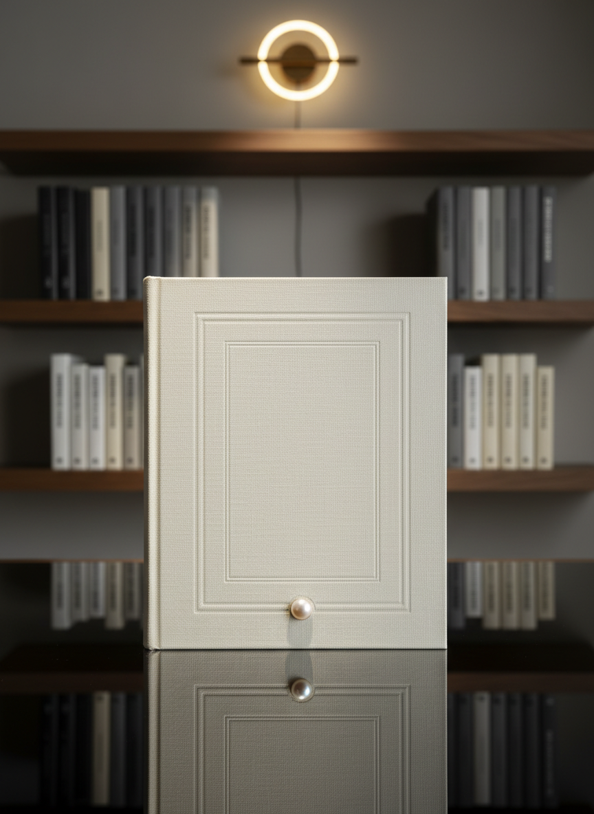 A close-up, cinematic photograph of an exquisite award-style book standing upright on a reflective black glass surface, its cover wrapped in soft ivory linen with a subtle woven texture. The title area is left blank, but refined embossed lines and a small, iridescent pearl icon at the bottom hint at prestige and timeless design. Behind it, minimalist floating shelves in dark oak hold a curated selection of monochrome spines and a single sculptural light fixture shaped like a ring casting a halo. The lighting is deliberate and dramatic, with a focused spotlight grazing the book’s surface to reveal fine texture, while the background remains softly blurred. The atmosphere is opulent yet understated, suggesting the pinnacle of crafted storytelling and high-end book design.