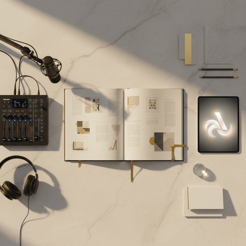 An overhead, photographic realism composition of a luxury creative studio desk featuring three distinct zones: a podcast production area with a compact mixer and sleek microphone, an award book design section with an open, linen-textured hardcover book showing exquisitely laid-out pages, and a branded content zone with a slim tablet displaying a luminous, abstract pearl-inspired logo. The desk surface is a pale stone with subtle veining, surrounded by carefully placed design tools, gold-trimmed bookmarks, and a single translucent crystal paperweight. Soft golden hour light pours diagonally across the workspace from an unseen window, creating elegant, elongated shadows and subtle reflections in metallic accents. The mood is calm, controlled, and sophisticated, evoking a space where visionary ideas are shaped with precision and luxury-level attention to detail.