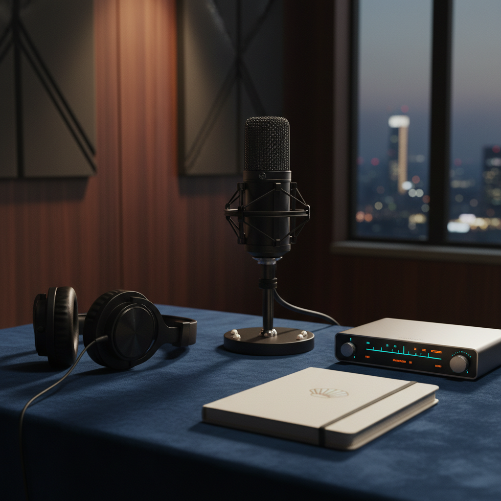 A meticulously arranged luxury podcast workstation centered around a matte black studio microphone with a fine metal mesh grille and subtle pearl-like accents on its base, standing on a velvet-lined acoustic desk. Around it, closed-back headphones, a slim brushed-aluminum audio interface with glowing level meters, and a minimalist notebook embossed with a small iridescent shell icon rest in deliberate harmony. The scene sits in a dark walnut-paneled studio, softly lit by diffused, warm side lighting that creates elegant highlights on metal surfaces and gentle shadows in the background. Captured at eye level with a shallow depth of field, the microphone is in crisp focus while sound-absorbing panels and a blurred city skyline through a distant window hint at sophistication. Photographic realism with a clean, modern, cinematic mood that feels refined and high-end.